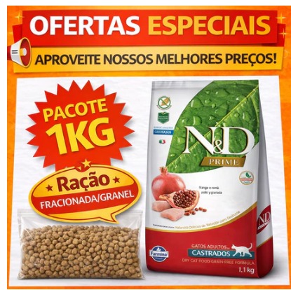 Ração Farmina N&D Prime Gatos Adultos Castrados Sabor Frango e Romã 1KG AGRANEL